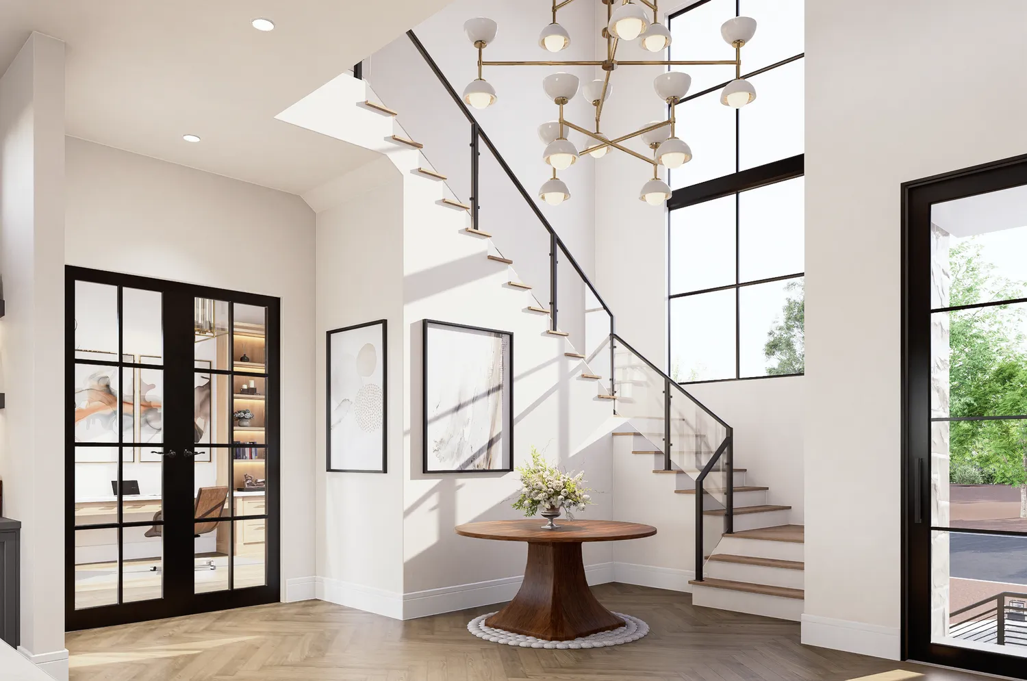 a living room with fireplace furniture and a large window