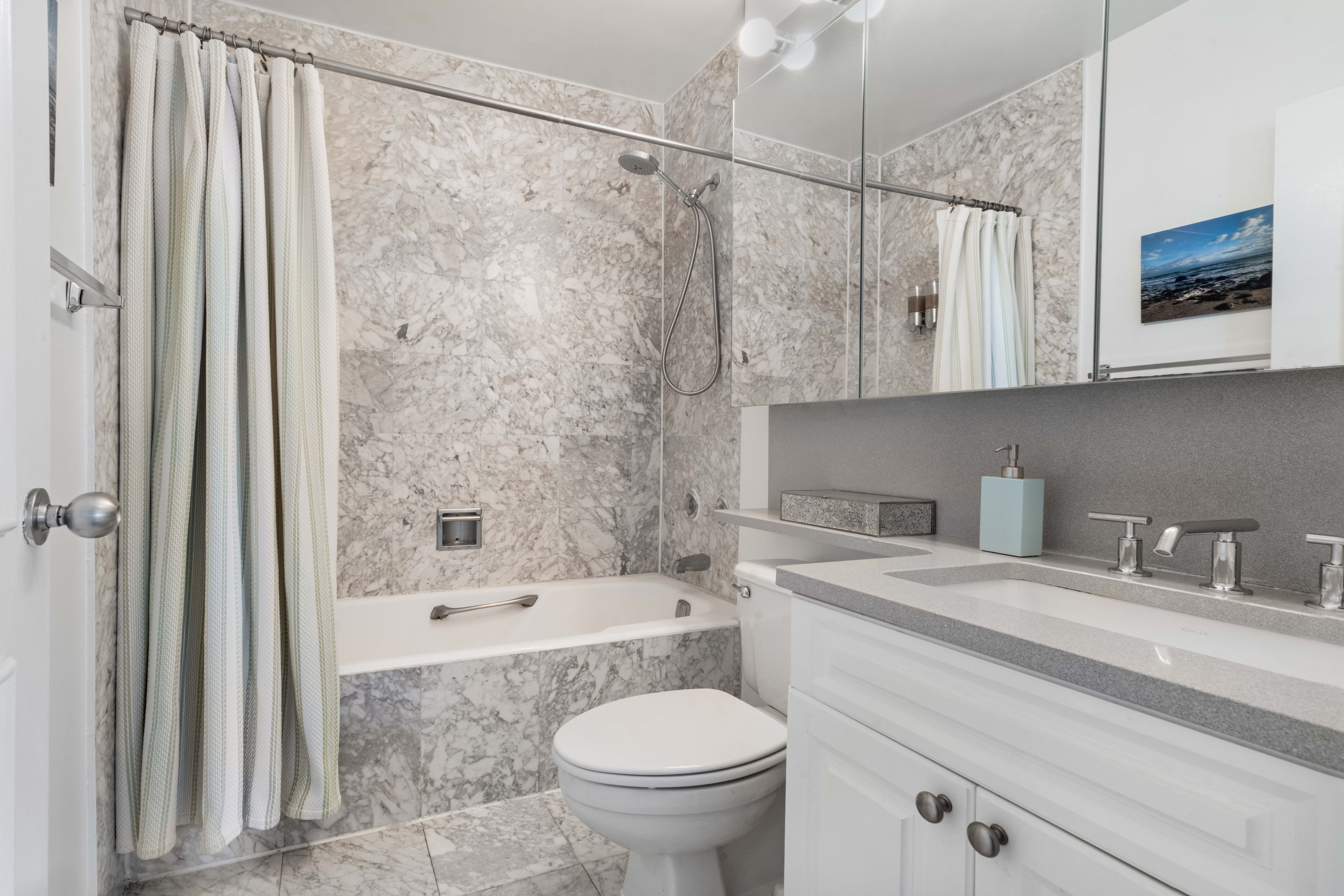 377 Rector Place, Unit 7K Manhattan, NY 10280 - Photo 7 of 11 a bathroom with a sink a toilet and shower