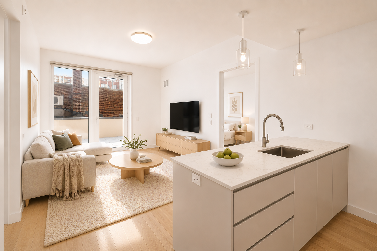 130 2nd Street, Unit 2B Brooklyn, NY 11231 - Photo 3 of 22 a kitchen with a sink and living room view