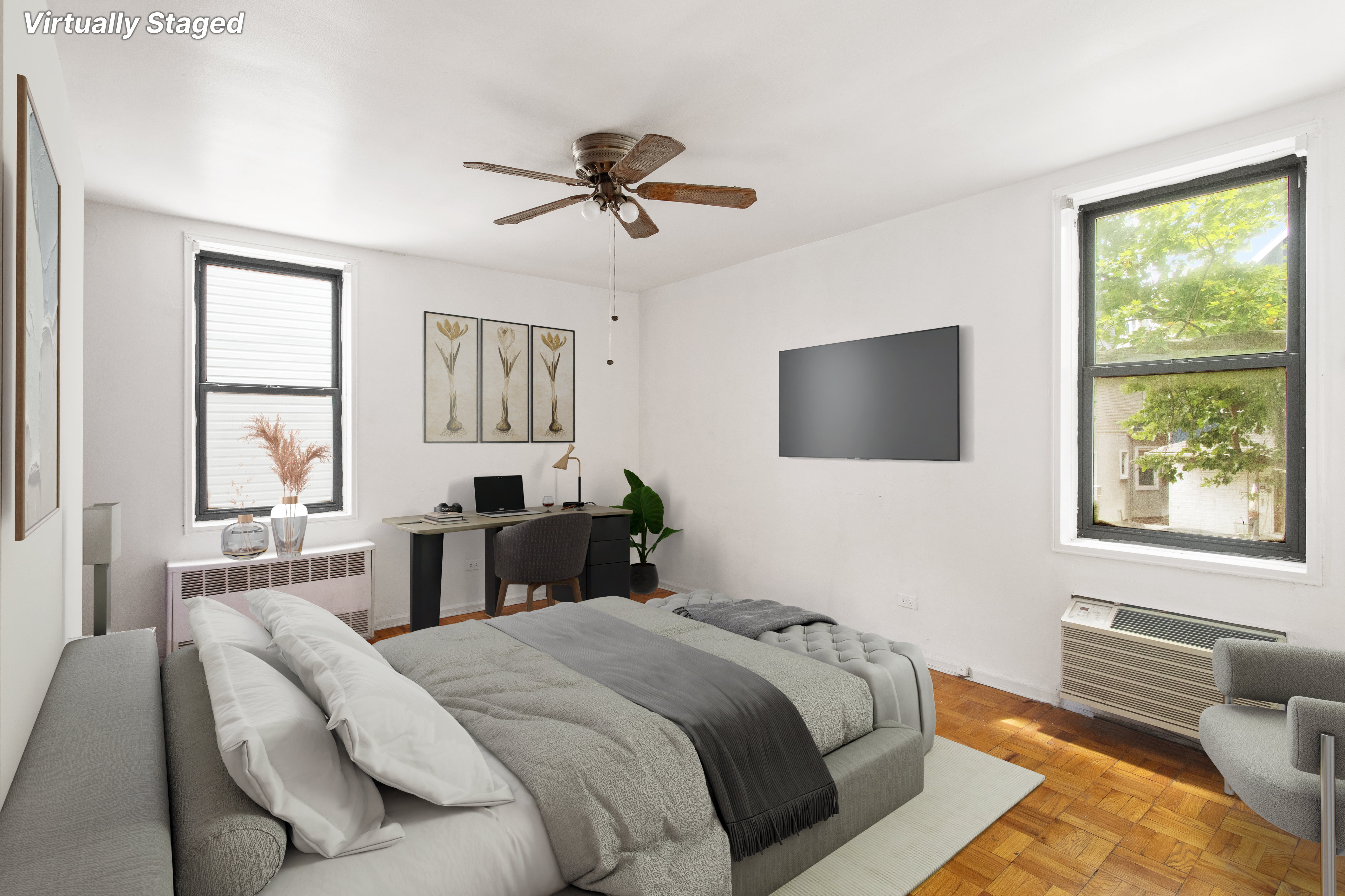 345 Webster Avenue, Unit 1U Brooklyn, NY 11230 - Photo 4 of 10 a bedroom with a bed window and a flat tv screen