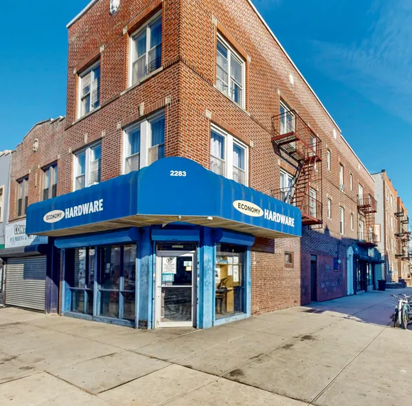 a view of a building with retail shop