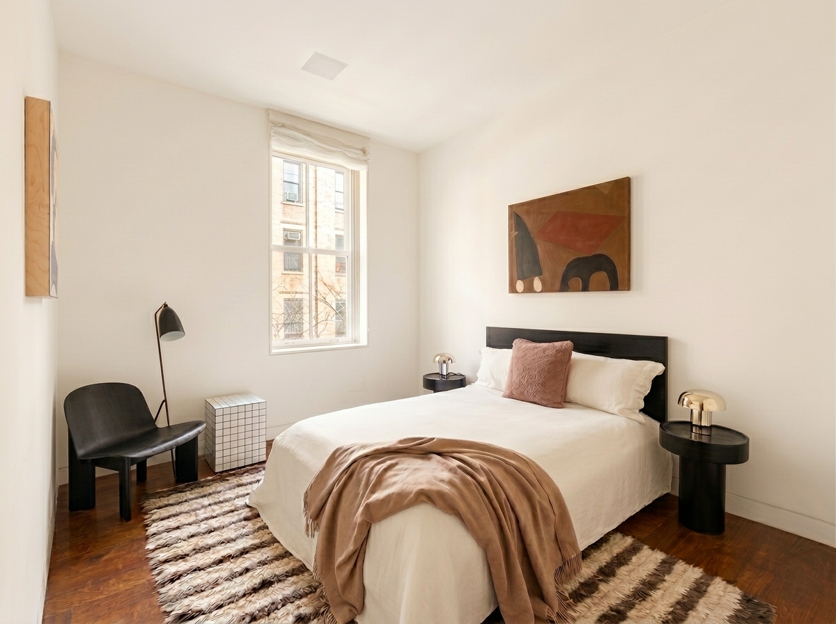 34 Prince Street, Unit 3B Manhattan, NY 10012 - Photo 12 of 18 a bedroom with a bed and wooden floor