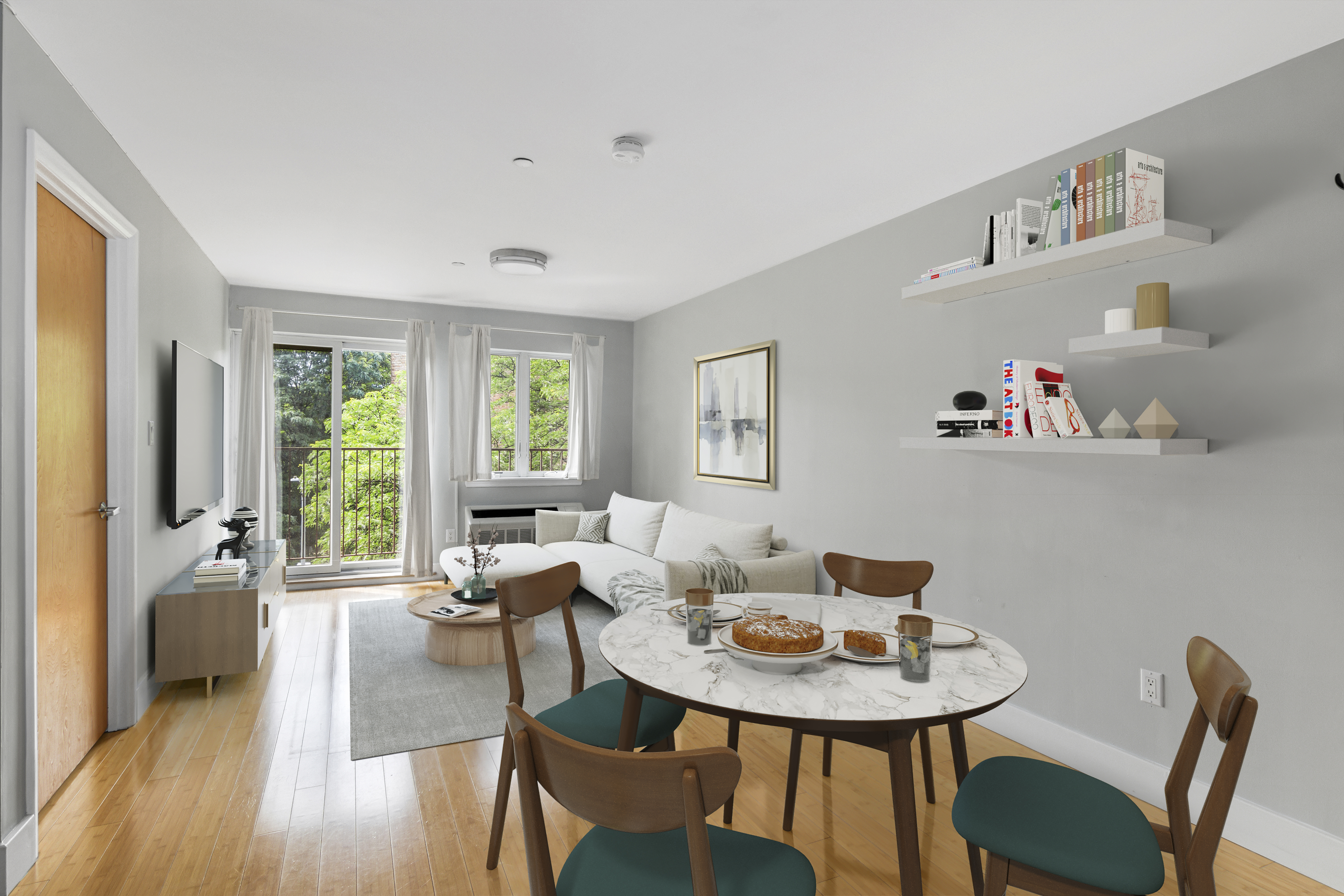 a view of a dining room with furniture window and wooden floor