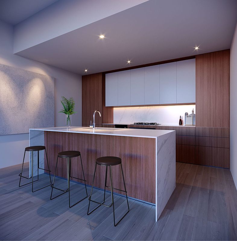 21-30 44th Drive, Unit 7D Queens, NY 11101 - Photo 4 of 14 a open kitchen with granite countertop a table chairs sink and wooden floor