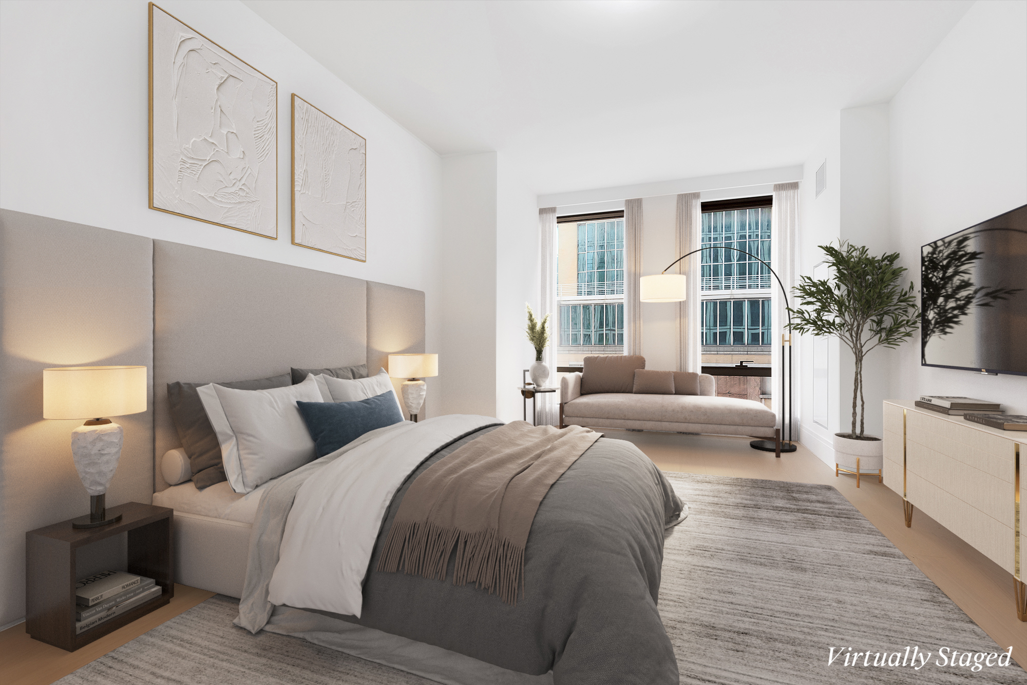 50 West 66th Street, Unit 7B Manhattan, NY 10023 - Photo 9 of 24 a bedroom with a large bed a flat tv screen and a couch