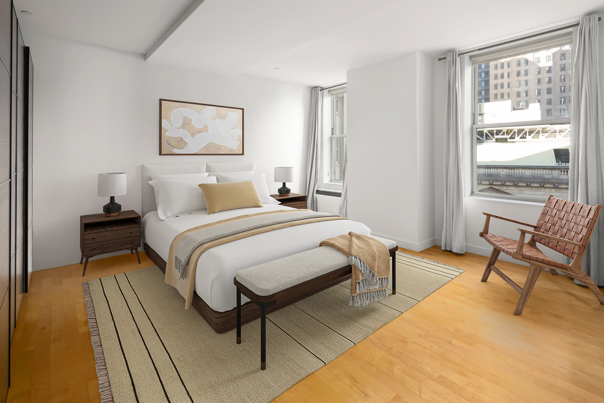 15 Broad Street, Unit 1100 Manhattan, NY 10005 - Photo 4 of 23 a bedroom with a bed and a chair