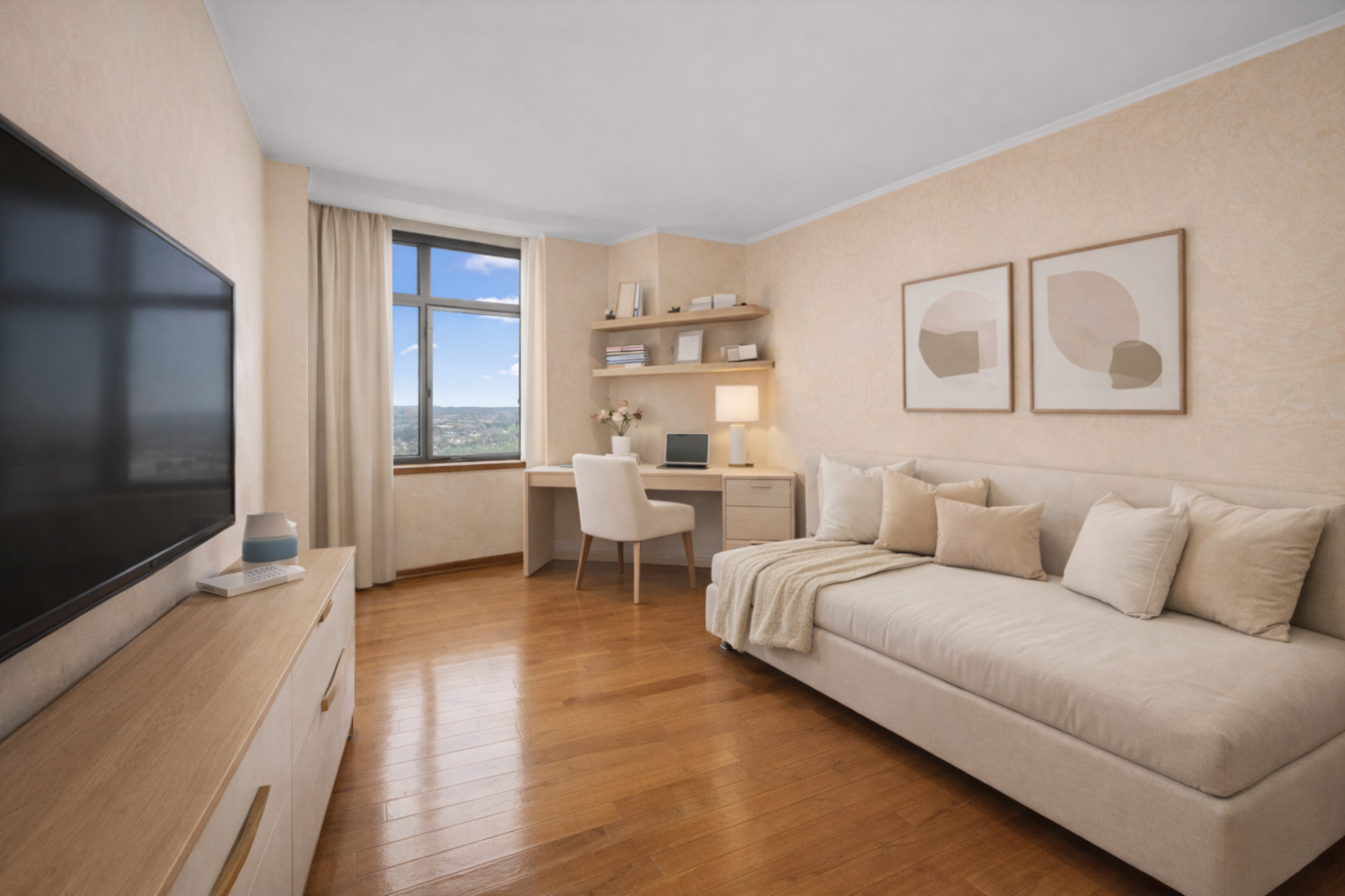 112-01 Queens Boulevard, Unit 17H Queens, NY 11375 - Photo 11 of 26 a living room with furniture and a flat screen tv