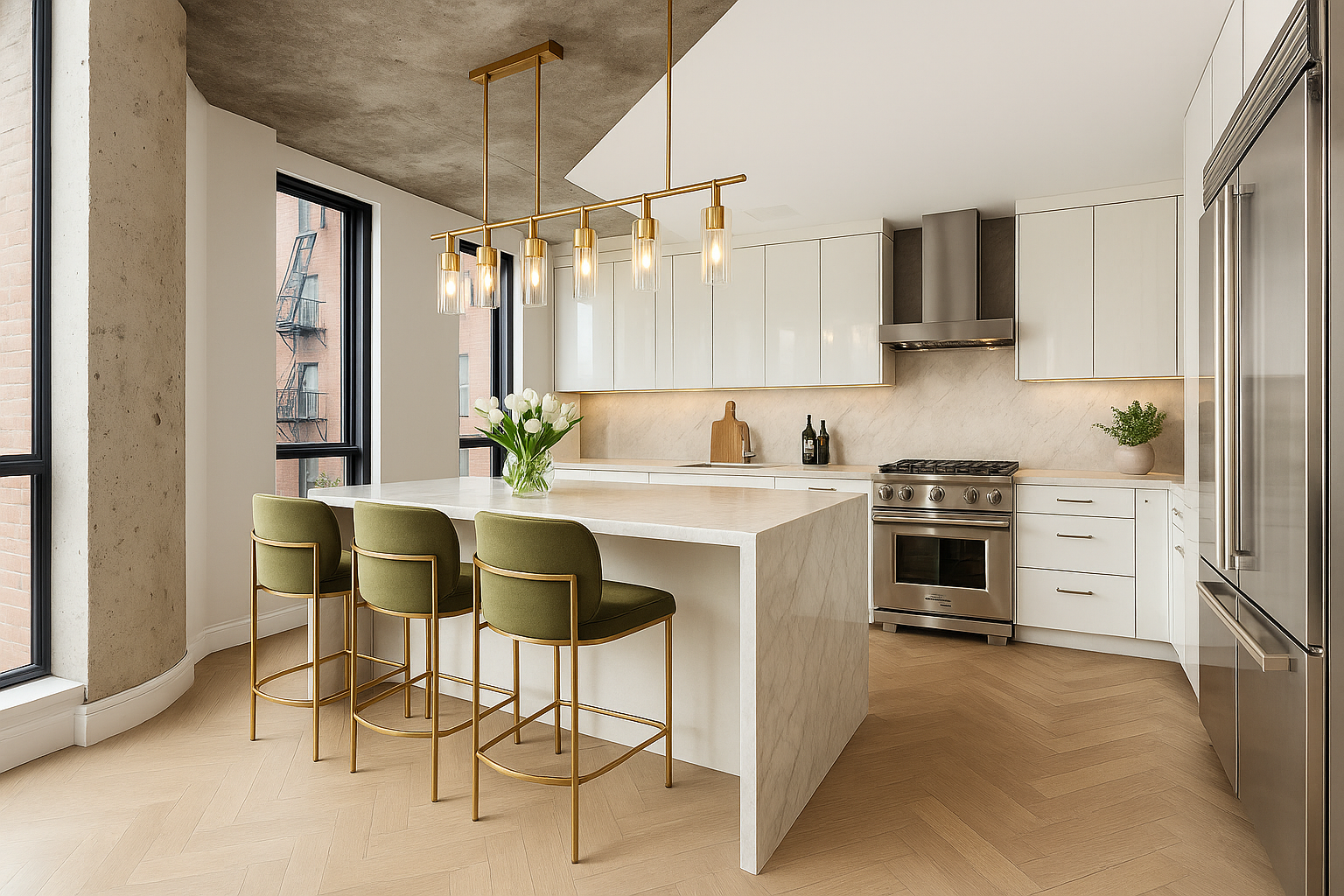 200 West 11th Street, Unit PH Manhattan, NY 10014 - Photo 3 of 5 a kitchen with stainless steel appliances a stove a refrigerator and a sink with granite countertops