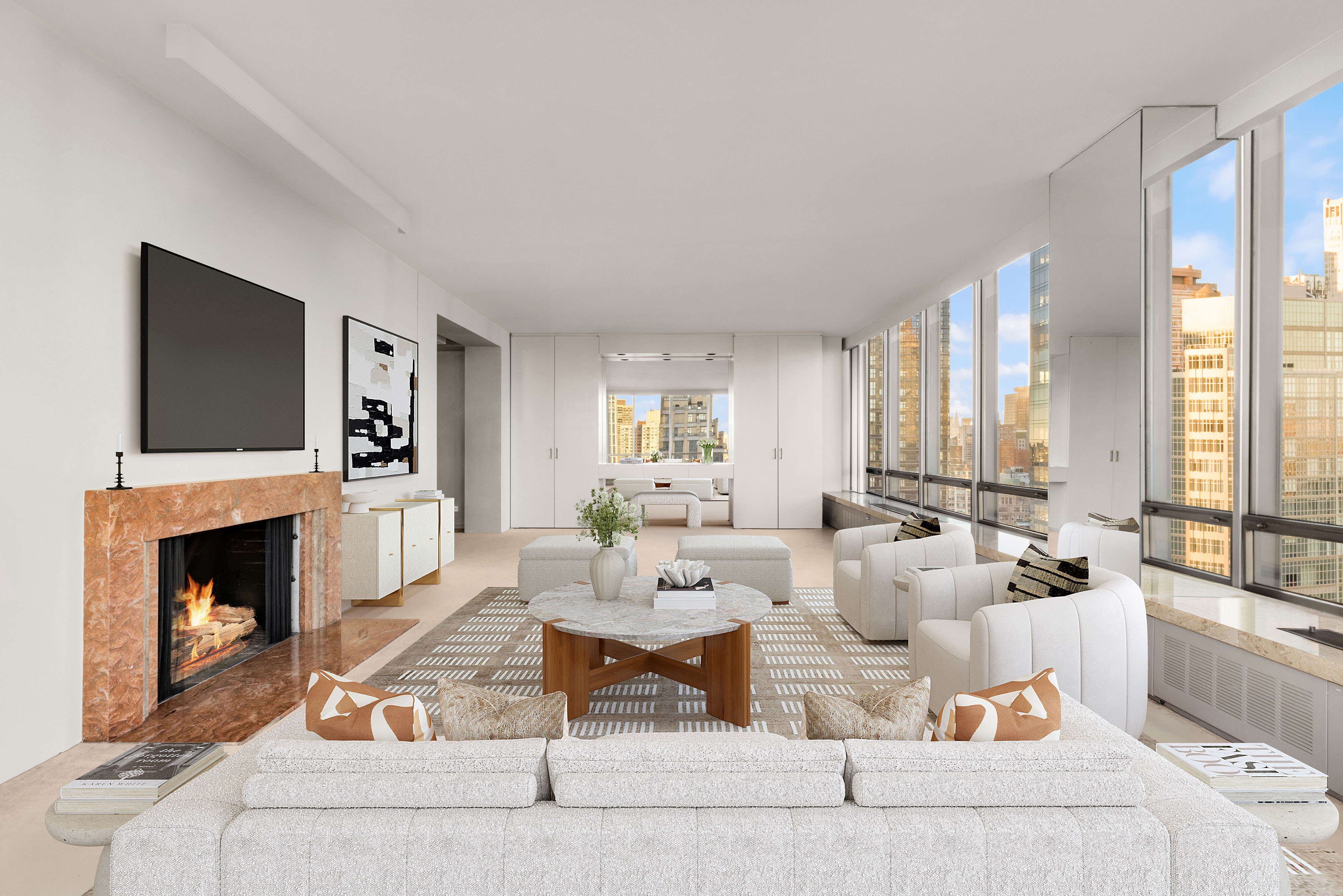 860 United Nations Plaza, Unit 35/36D Manhattan, NY 10017 - Photo 4 of 21 a living room with furniture fireplace and flat screen tv