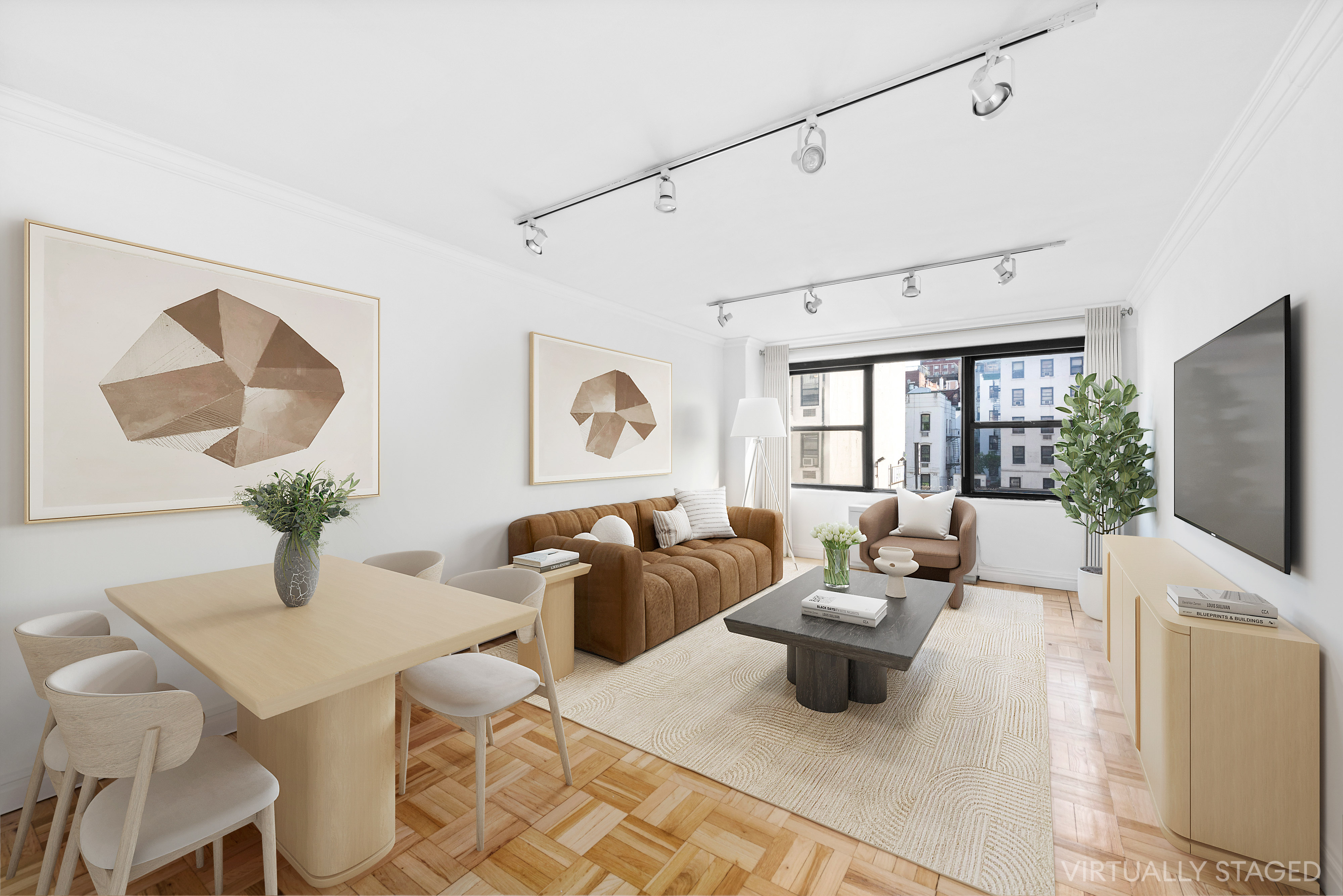 a living room with furniture large window and wooden floor