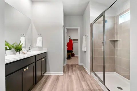 a bathroom with a shower and a sink