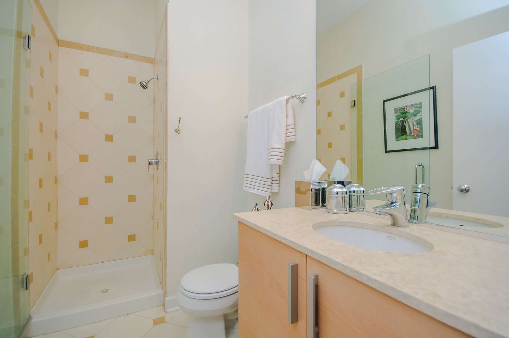 4646 North Beacon Street, Unit 203 Chicago, IL 60640 - Photo 19 of 24 a bathroom with a granite countertop sink a toilet and a mirror
