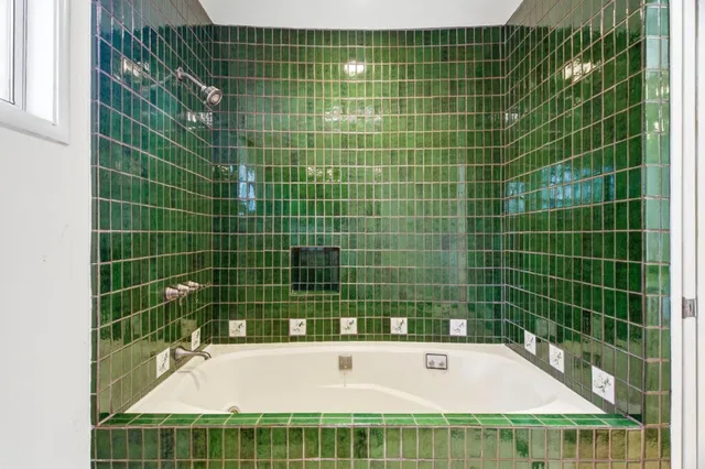 a bathroom with a bathtub and a shower