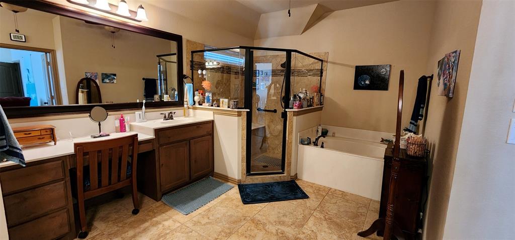 217 Heather Lane Decatur, TX 76234 - Photo 18 of 20 a bathroom with a sink a mirror and a shower