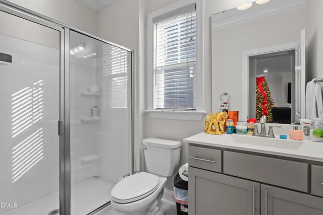 a bathroom with a sink toilet vanity and shower