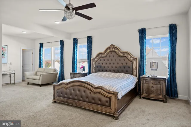 a bedroom with a bed and ceiling fan