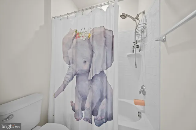 a bathroom with a shower and toilet