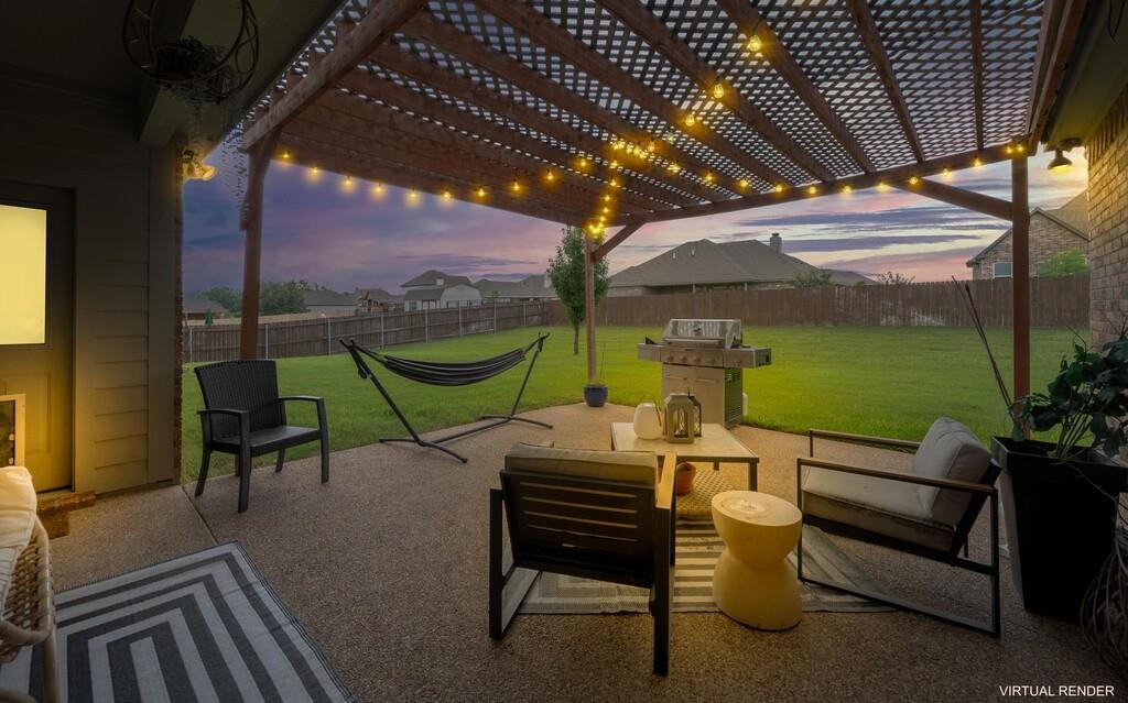 550 Hunton Lane Robinson, TX 76706 - Photo 30 of 35 Fenced backyard featuring a pergola, a patio area, area for grilling, and an outdoor hangout area