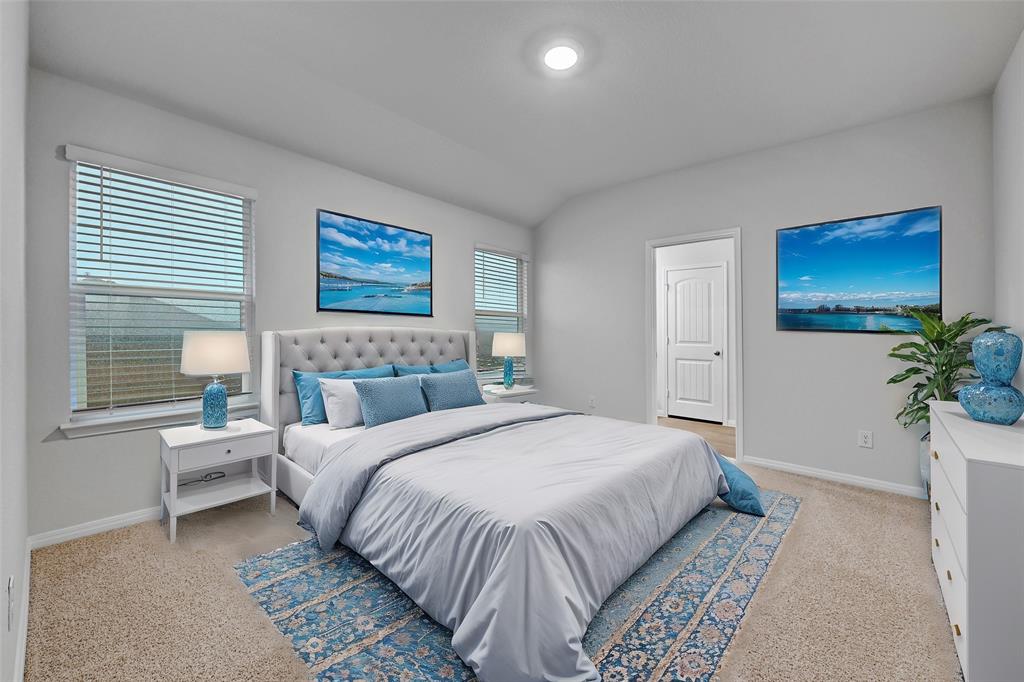295 Evergreen Sumac Loop Kyle, TX 78640 - Photo 12 of 30 Bedroom featuring light carpet and vaulted ceiling