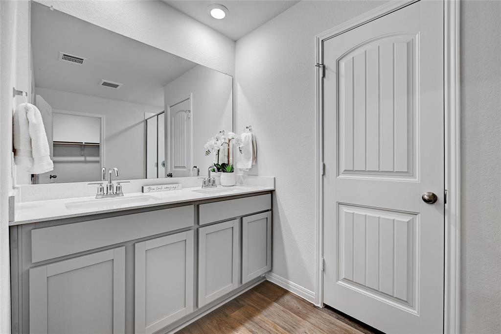 295 Evergreen Sumac Loop Kyle, TX 78640 - Photo 14 of 30 Bathroom with double vanity, light wood-type flooring, a spacious closet, and recessed lighting