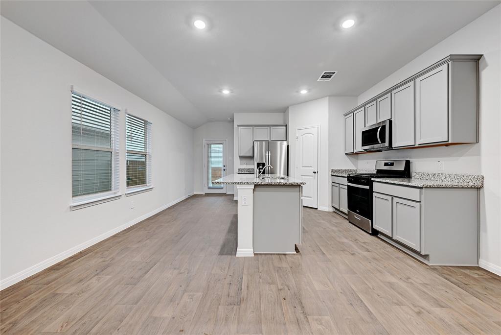 295 Evergreen Sumac Loop Kyle, TX 78640 - Photo 8 of 30 Kitchen featuring gray cabinetry, stainless steel appliances, light stone counters, light wood-style floors, and recessed lighting