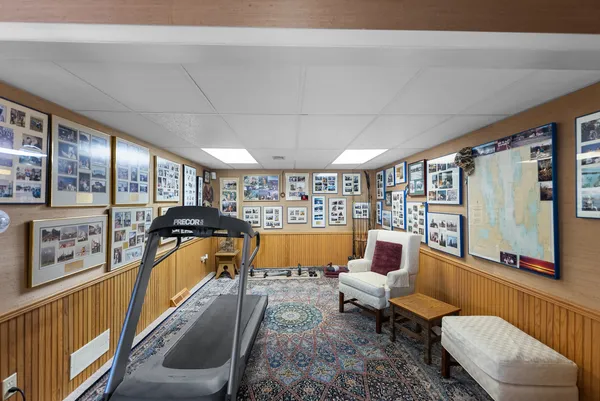 a outdoor living space with furniture and a large window