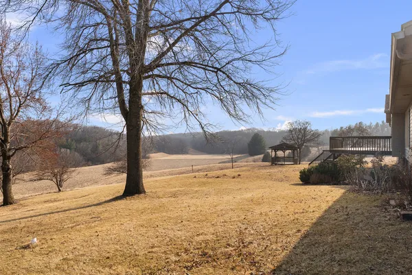 a view of a yard with snow in the background