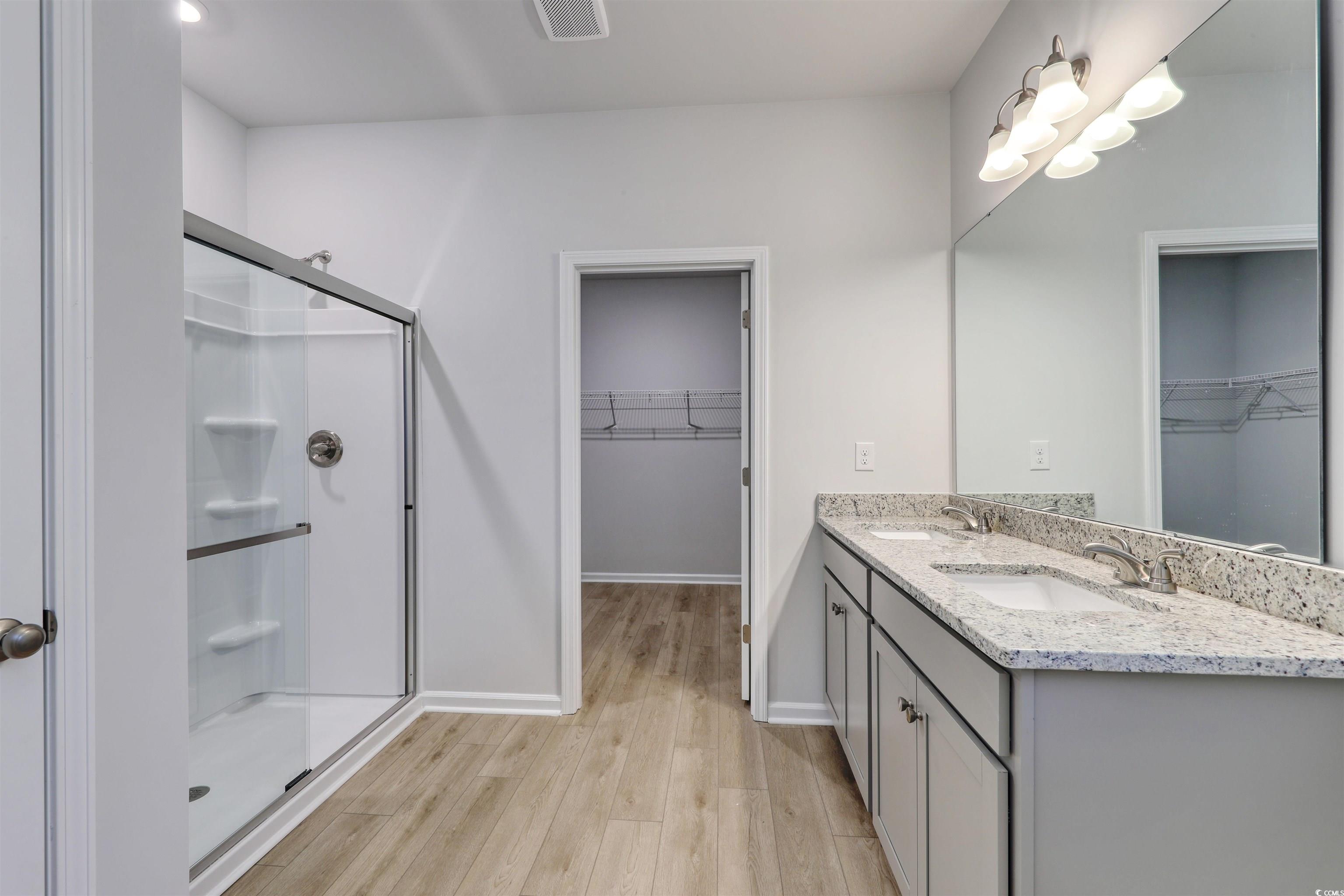 370 Garden Grove Street Conway, SC 29526 - Photo 16 of 28 Bathroom featuring a walk in closet, double vanity, light wood-type flooring, and a stall shower