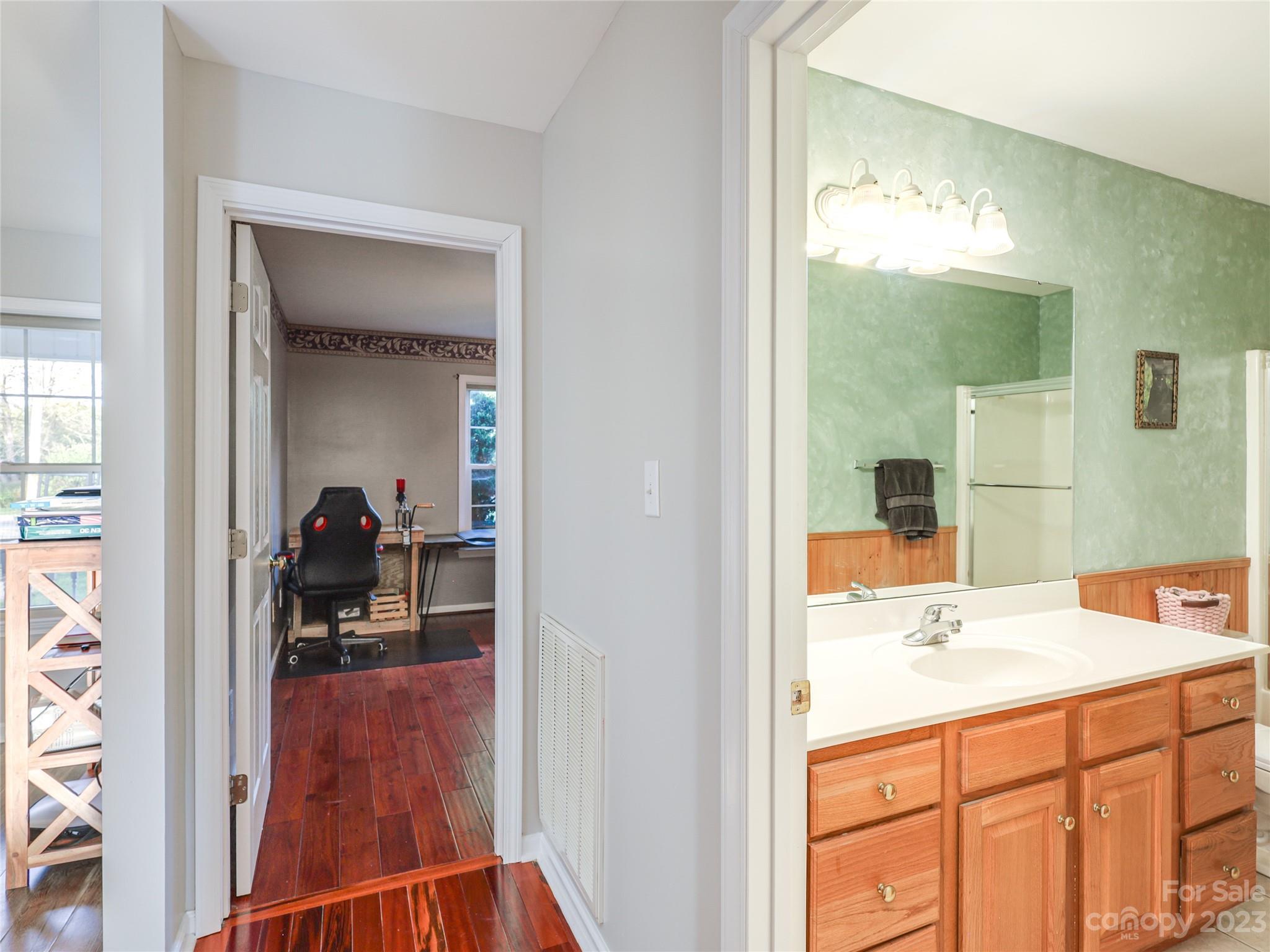 111 Hoyle Street Morganton, NC 28655 - Photo 12 of 30 a en suite bathroom with a sink a mirror and a shower