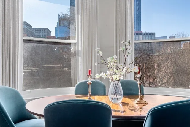 a dining room with furniture and a potted plant