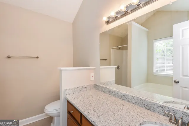 a bathroom with a granite countertop sink a toilet and a mirror