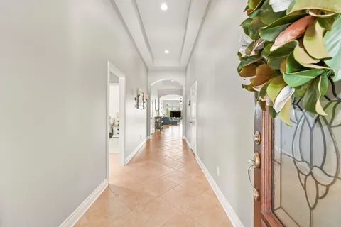 a view of a hallway with painted walls