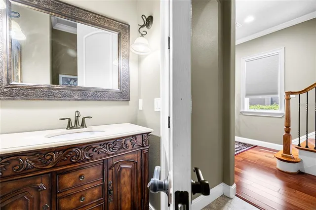 a view of a sink and a mirror