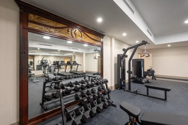 a lobby with furniture