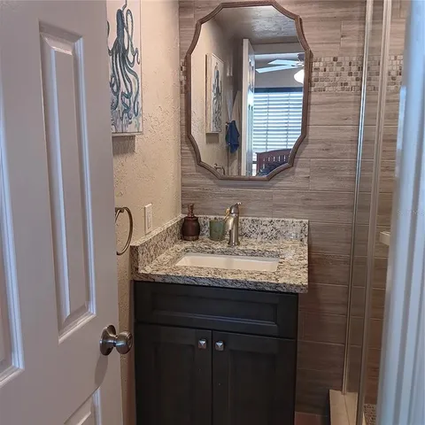 a bathroom with a granite countertop sink a mirror and a shower