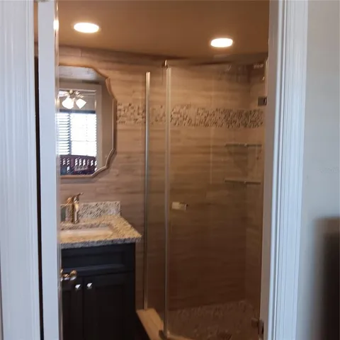 a bathroom with a shower a sink and a mirror