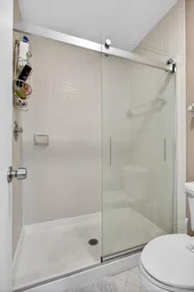 a bathroom with a shower and a toilet