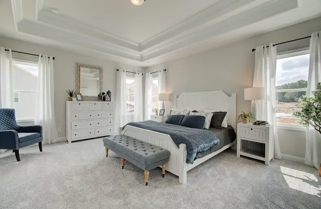 a spacious bedroom with a bed and a cabinets