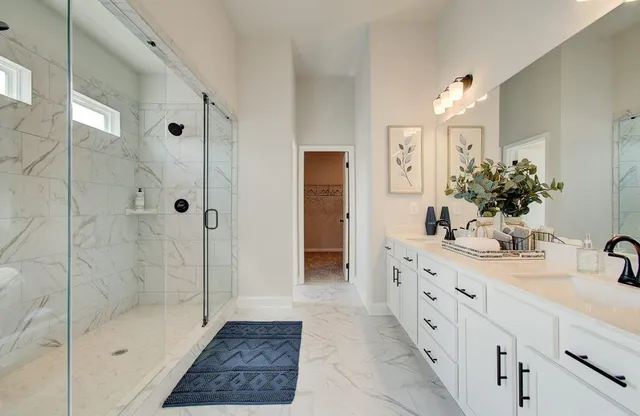 a bathroom with a double vanity sink mirror and shower
