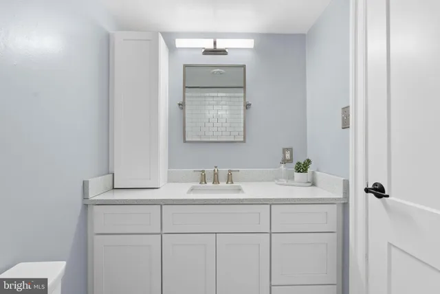 a bathroom with a sink a mirror and a toilet