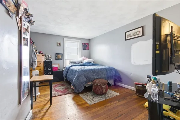 a bedroom with a bed and a flat screen tv
