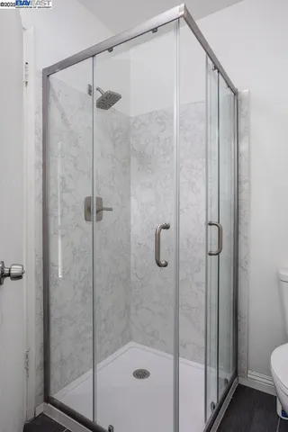 a bathroom with a shower and a toilet