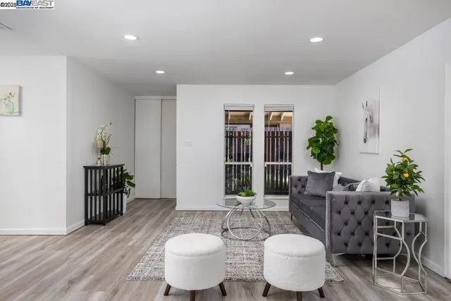 a living room with furniture potted plant and wooden floor
