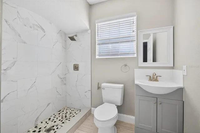 a bathroom with a sink a toilet and a mirror