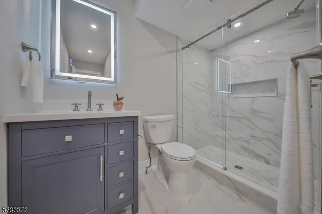 a bathroom with a shower and toilet