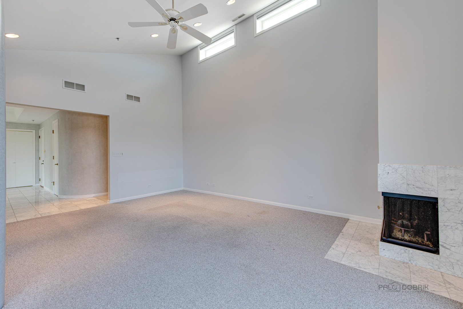 211 Rivershire Lane, Unit 602 Lincolnshire, IL 60069 - Photo 15 of 38 an empty room with a fireplace and a ceiling fan