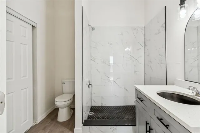 a bathroom with a sink a toilet and a shower