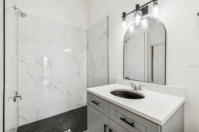 a bathroom with a sink a mirror and a shower