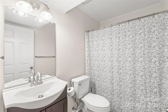 a bathroom with a sink a toilet and shower curtain