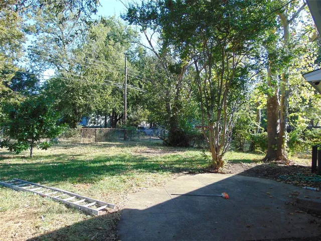 a view of a park with large trees